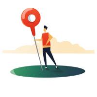 Illustration of a golfer with a pin on a golf course